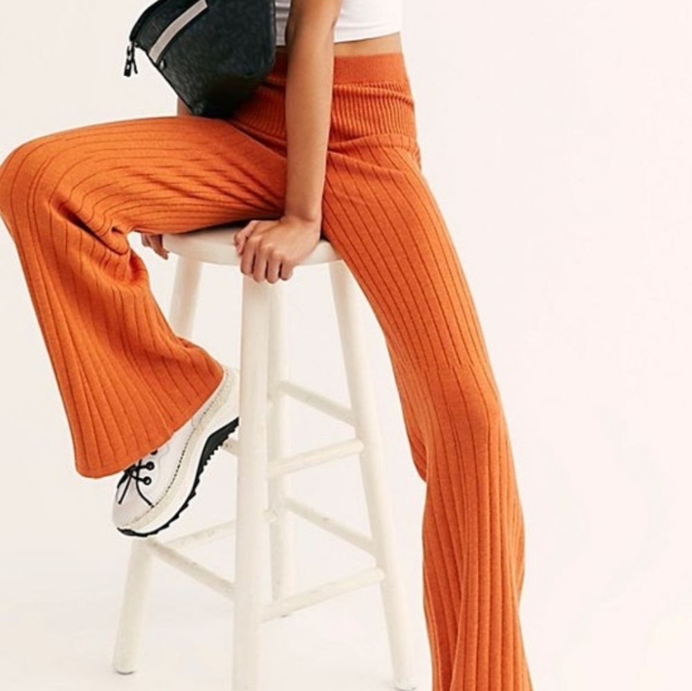 FREE PEOPLE Orange Keep It Real Knit Flare Pants